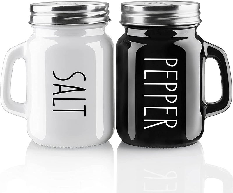KITOME Salt and Pepper Shakers Set – Ceramic Spice Dispensers with Stainless Steel Lids & Handles, Black & White, 2-Piece Kitchen Dining Set - Image 1
