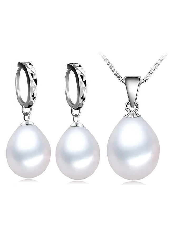 Pearl Elegant Drop Shape White Freshwater Pearl Pendant and Earring Set in Sterling Silver 