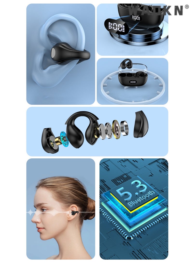 WAOKN Open Ear Wireless Clip Earbuds Sport Earphones with Bluetooth 5.3 Earpods for Android and iPhone Headphones Sports 3D Stereo Sound On Earphones for Sport Running Cycling Driving Gym ,Black  - Image 3