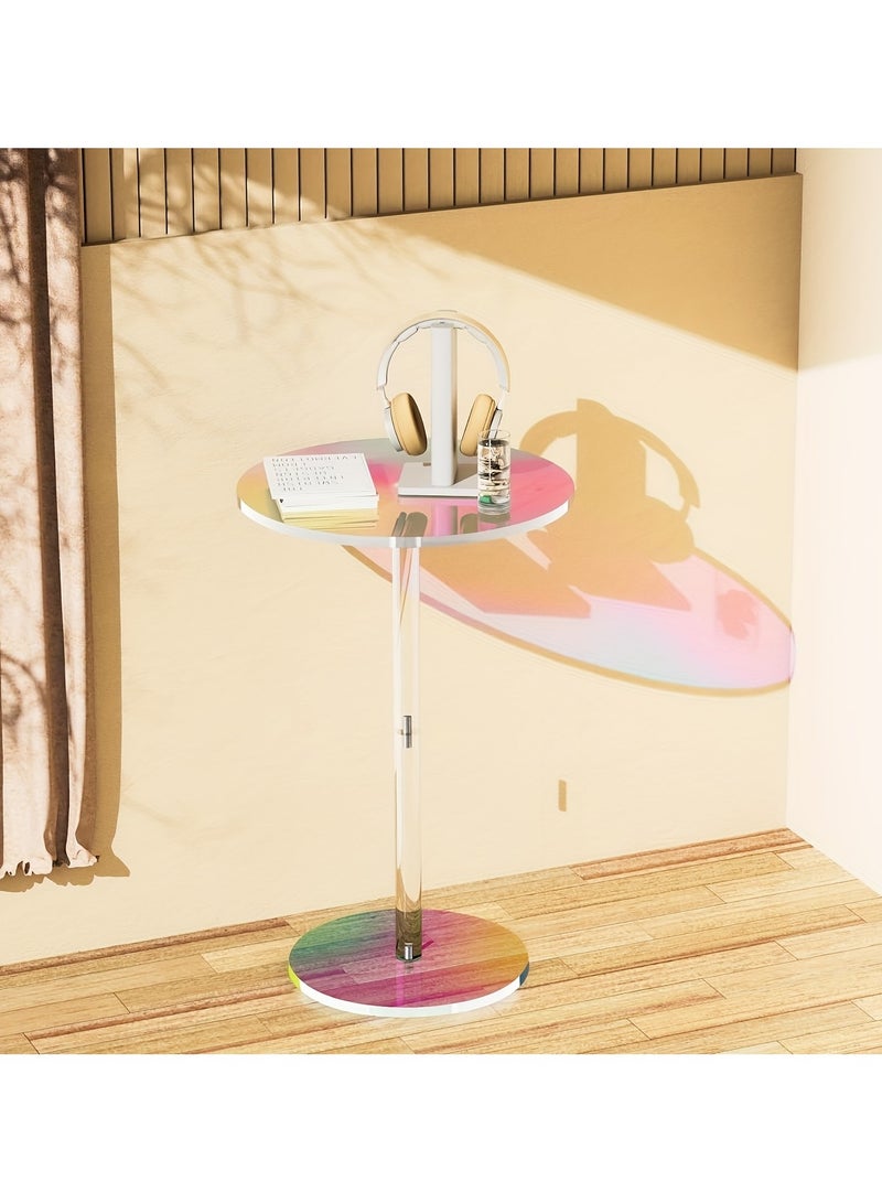 XiuWoo Modern Luxury Round Acrylic Side Table Iridescent Design Lightweight End Table for Small Spaces Living Room Bedroom Balcony Durable Pedestal Base Home Decor 25*54cm - Image 2