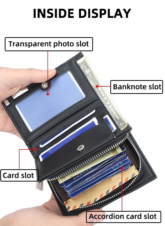 بايلليري محفظة بيليري الرجالية الفاخرة المدمجة | حامل بطاقات بسحاب أكورديون | ١٢ فتحة من جلد البولي يوريثان بتقنية تحديد الهوية بموجات الراديو | نحيف أسود داكن | حامل بطاقات أكورديون عصري كاجوال، محفظة كبيرة الحجم بسحاب - Image 4