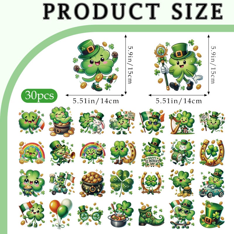 INCOK St. Patrick's Day DTF Transfers Ready to Press - 30 Sheets Cute Shamrock Iron on Transfers for T-Shirt DIY Heat Vinyl Stickers for Clothes Backpack Bag Hat Hoodie DIY ST Patricks Day Shirt - Image 4