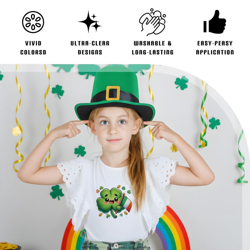 INCOK St. Patrick's Day DTF Transfers Ready to Press - 30 Sheets Cute Shamrock Iron on Transfers for T-Shirt DIY Heat Vinyl Stickers for Clothes Backpack Bag Hat Hoodie DIY ST Patricks Day Shirt - Image 3