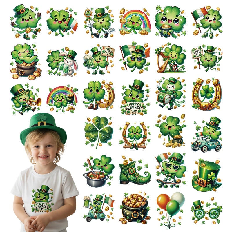 INCOK St. Patrick's Day DTF Transfers Ready to Press - 30 Sheets Cute Shamrock Iron on Transfers for T-Shirt DIY Heat Vinyl Stickers for Clothes Backpack Bag Hat Hoodie DIY ST Patricks Day Shirt - Image 1