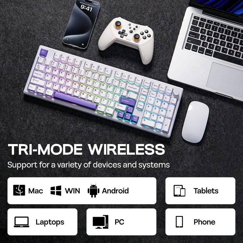 EPOMAKER Galaxy100 QMK/VIA Wireless Gaming Keyboard, Aluminum Mechanical Keyboard with PP Plate, Hot Swappable Custom Keyboard, Bluetooth/2.4Ghz/USB-C (White Purple, Marble White Switch) - Image 5