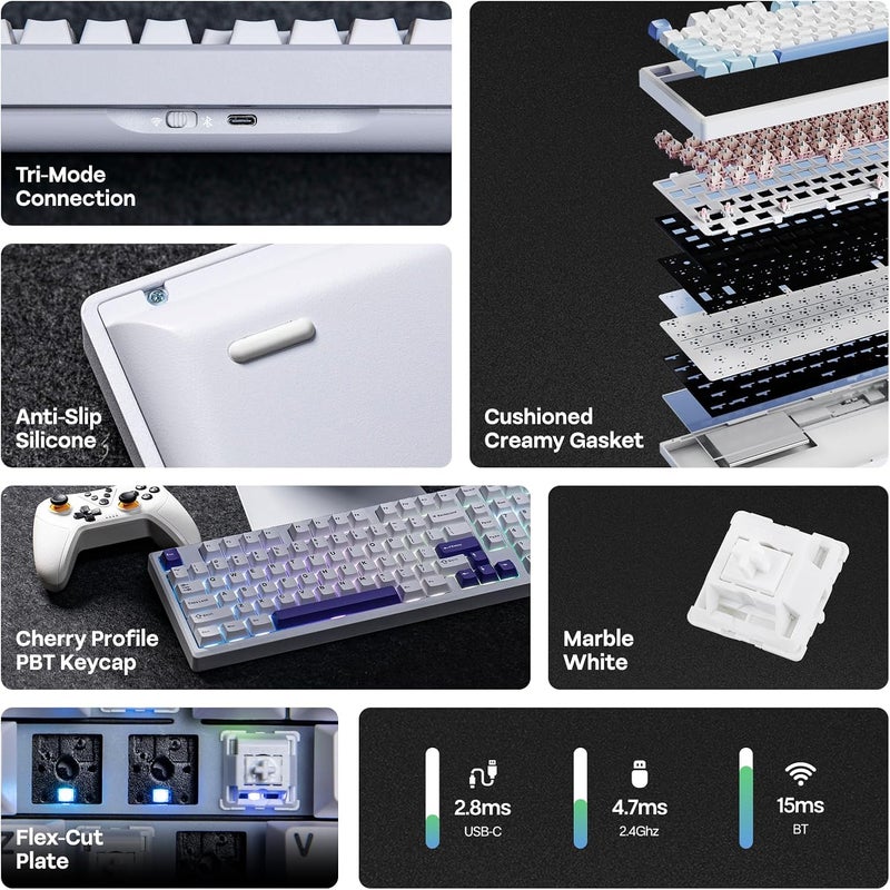 EPOMAKER Galaxy100 QMK/VIA Wireless Gaming Keyboard, Aluminum Mechanical Keyboard with PP Plate, Hot Swappable Custom Keyboard, Bluetooth/2.4Ghz/USB-C (White Purple, Marble White Switch) - Image 3