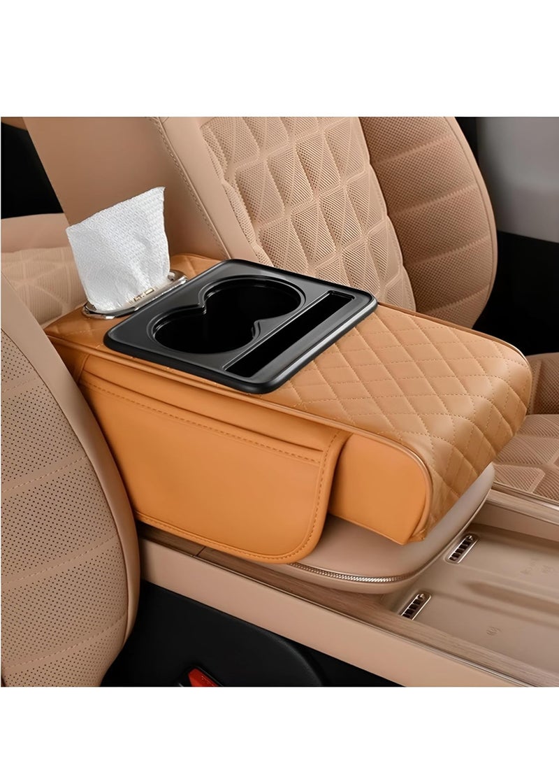 Car Center Console Armrest Pillow,  Leather Vehicle Arm Rest Cover with Tissue Box 2 Side Storage Bag Cup & Phone Holder, Auto Armrest Cushion, Universal Fit Orange - Image 1