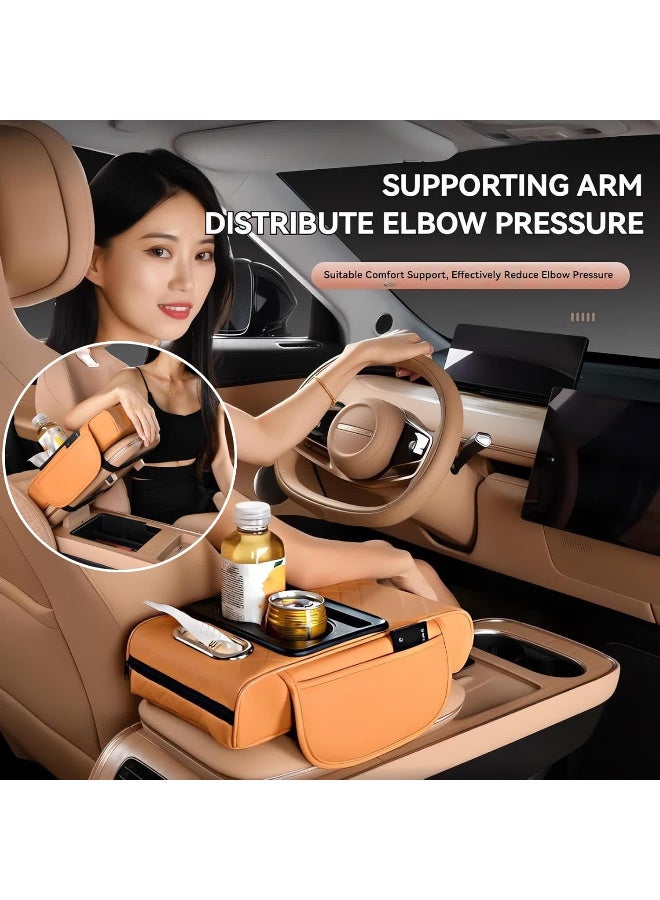 Car Center Console Armrest Pillow,  Leather Vehicle Arm Rest Cover with Tissue Box 2 Side Storage Bag Cup & Phone Holder, Auto Armrest Cushion, Universal Fit Orange - Image 2