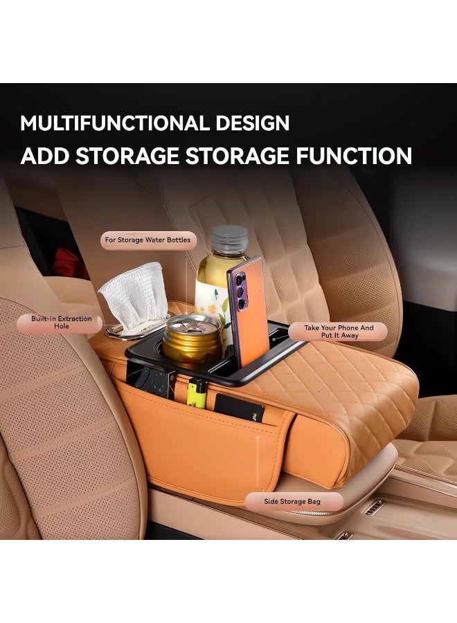 Car Center Console Armrest Pillow,  Leather Vehicle Arm Rest Cover with Tissue Box 2 Side Storage Bag Cup & Phone Holder, Auto Armrest Cushion, Universal Fit Orange - Image 4