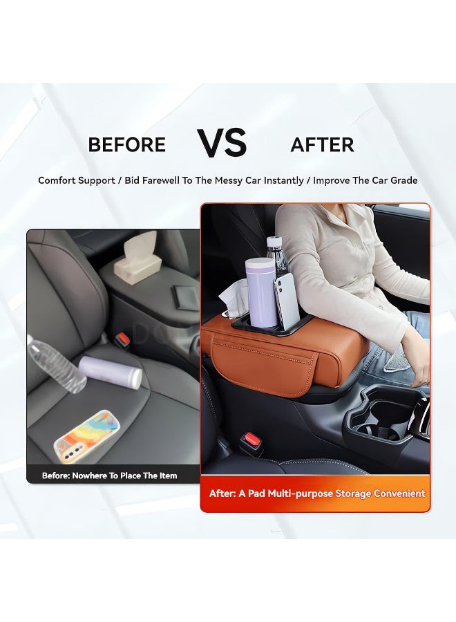 Car Center Console Armrest Pillow,  Leather Vehicle Arm Rest Cover with Tissue Box 2 Side Storage Bag Cup & Phone Holder, Auto Armrest Cushion, Universal Fit Orange - Image 5