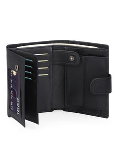 محفظة رجالية متعددة الوظائف من الجلد مزودة بخاصية حجب RFID ومحفظة بطاقات الائتمان ثلاثية الطيات ومحفظة مضغوطة للرجال مع نافذة هوية وجيب للعملات المعدنية (أسود)