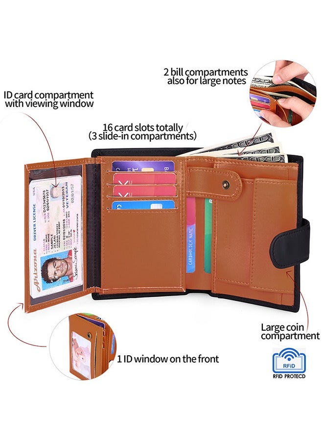 هاي هونور - محفظة رجالية متعددة الوظائف من الجلد مزودة بخاصية حجب RFID ومحفظة بطاقات الائتمان ثلاثية الطيات ومحفظة مضغوطة للرجال مع نافذة هوية وجيب للعملات المعدنية (أسود) - Image 1