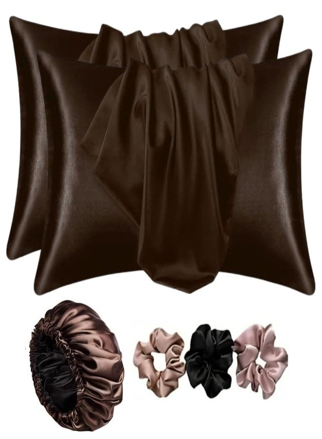 Go Well Satin Bonnet for Curly Hair with Free Silk Pillow Covers and Scrunchies | Silk Bonnet for Hair | Combo of Pack of 2 Satin Pillowcases with 3 Silk Scrunchies Adjustable HairCap (Coffee) - Image 1