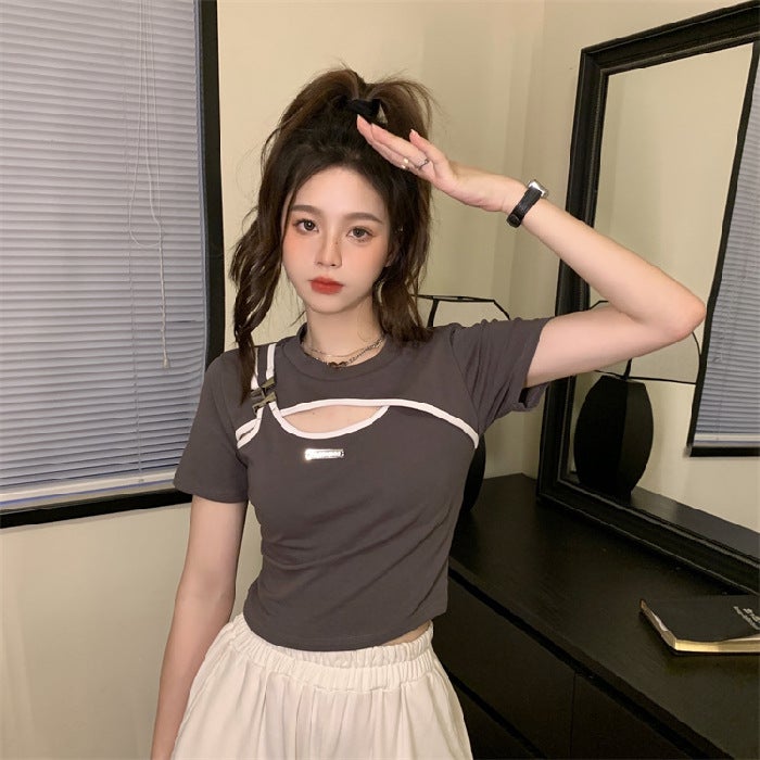 American retro fake two-piece stitching contrast color care machine Hollow T-shirt shoulder strap metal standard coat womens foreign trade Wholesale Grey  - Image 1
