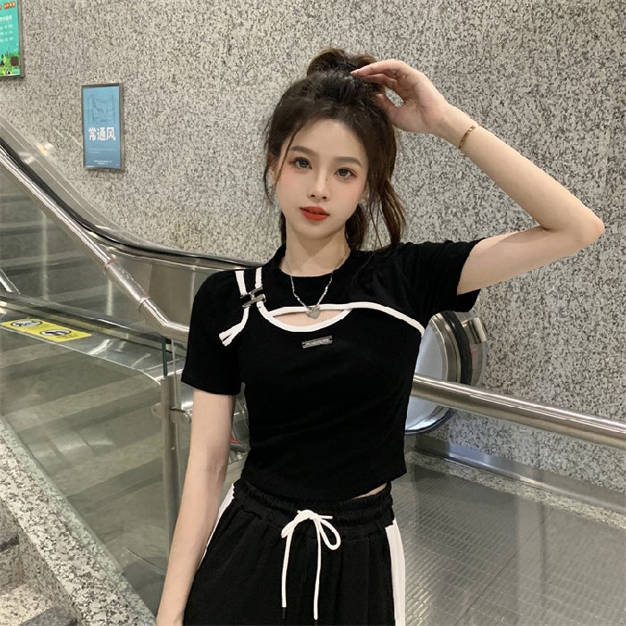 American retro fake two-piece stitching contrast color care machine Hollow T-shirt shoulder strap metal standard coat womens foreign trade Wholesale Grey  - Image 2