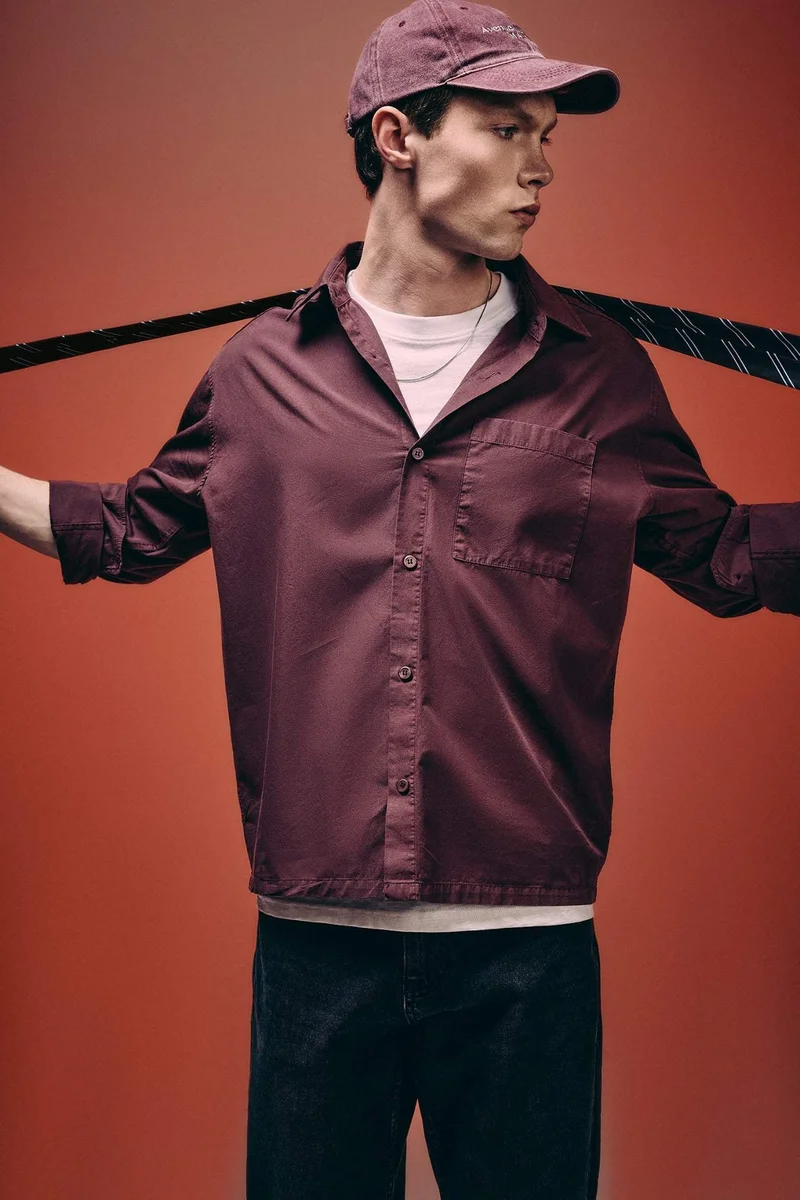 ديفاكتو Boxy Fit Shirt Collar Printed Poplin Long Sleeve Shirt