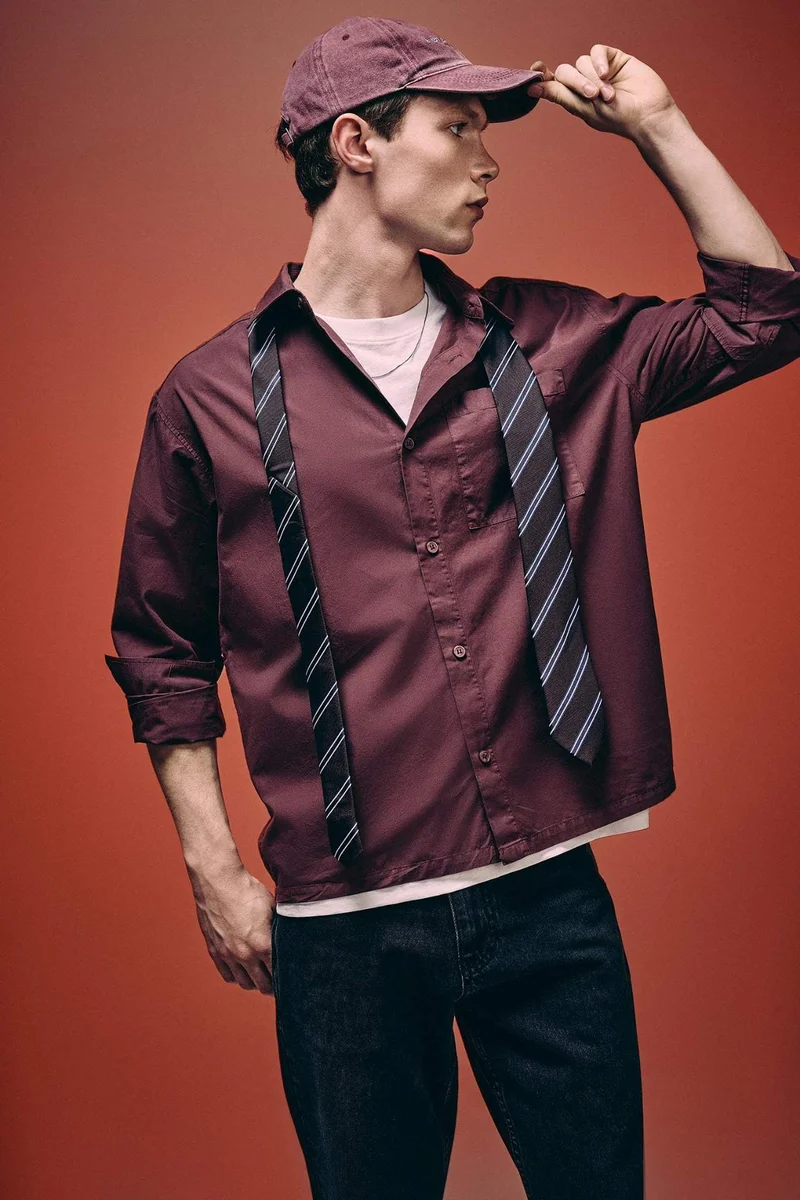 ديفاكتو Boxy Fit Shirt Collar Printed Poplin Long Sleeve Shirt