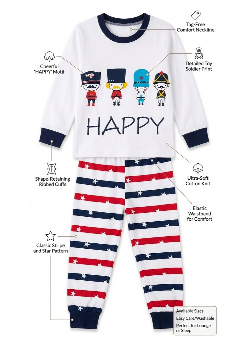 Boys Two-Piece Cotton Pajama Set, 12–18 Months, White Top with Happy Print, Long Sleeve Shirt & Red Navy Striped Pants, Soft Cotton Baby Sleepwear Outfit for Boys - Image 3
