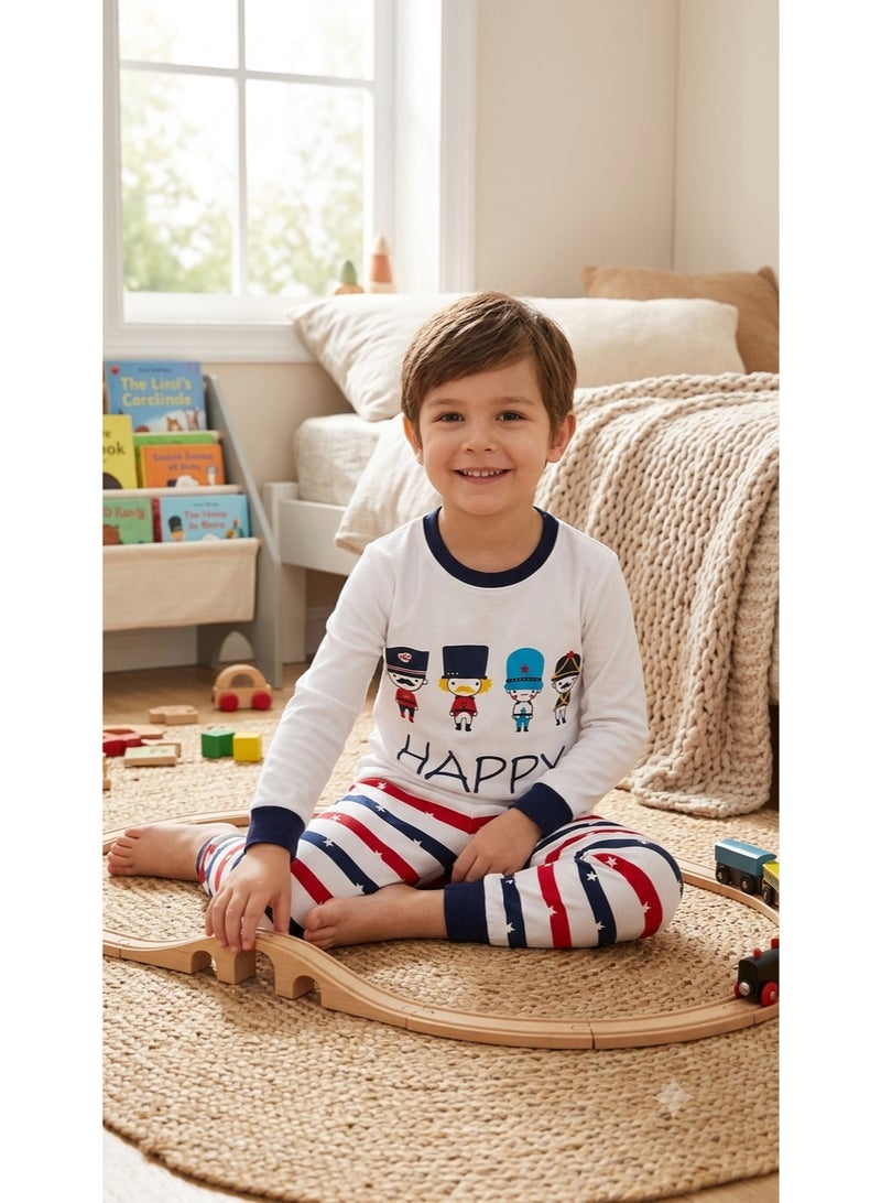 Boys Two-Piece Cotton Pajama Set, 12–18 Months, White Top with Happy Print, Long Sleeve Shirt & Red Navy Striped Pants, Soft Cotton Baby Sleepwear Outfit for Boys - Image 2