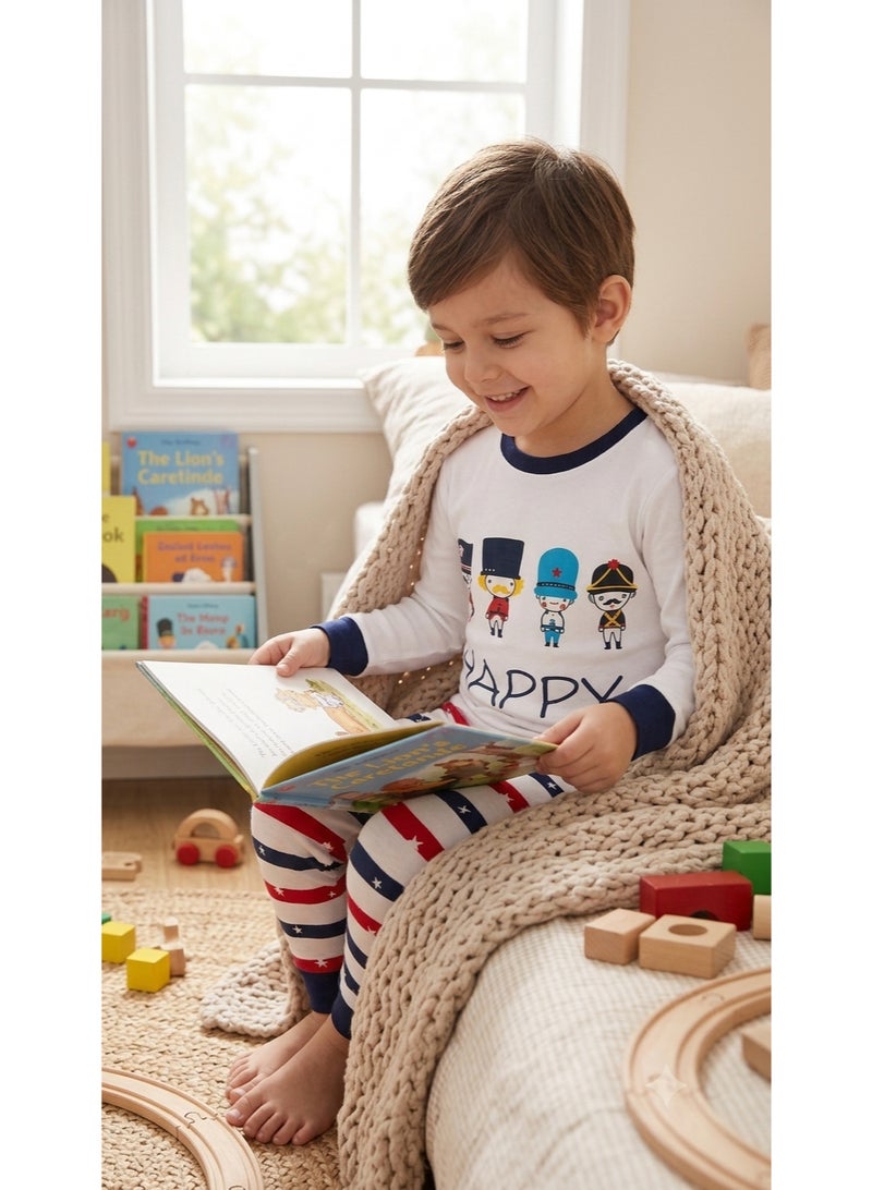 Boys Two-Piece Cotton Pajama Set, 12–18 Months, White Top with Happy Print, Long Sleeve Shirt & Red Navy Striped Pants, Soft Cotton Baby Sleepwear Outfit for Boys - Image 1