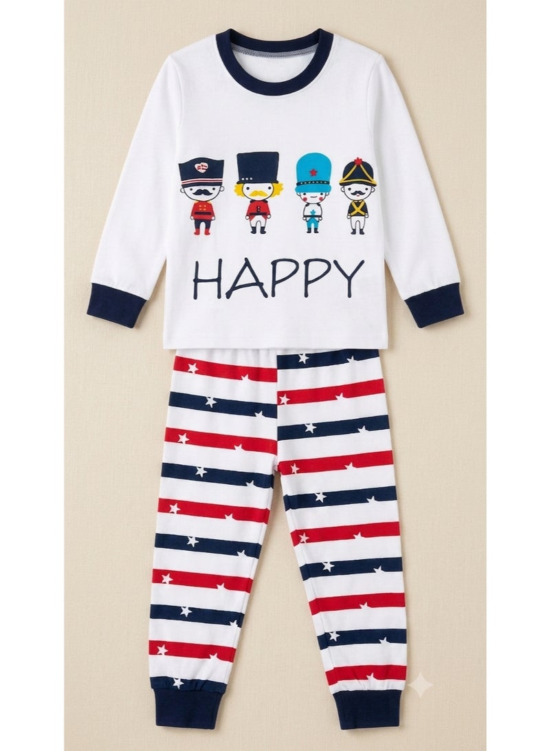 Boys Two-Piece Cotton Pajama Set, 12–18 Months, White Top with Happy Print, Long Sleeve Shirt & Red Navy Striped Pants, Soft Cotton Baby Sleepwear Outfit for Boys - Image 5