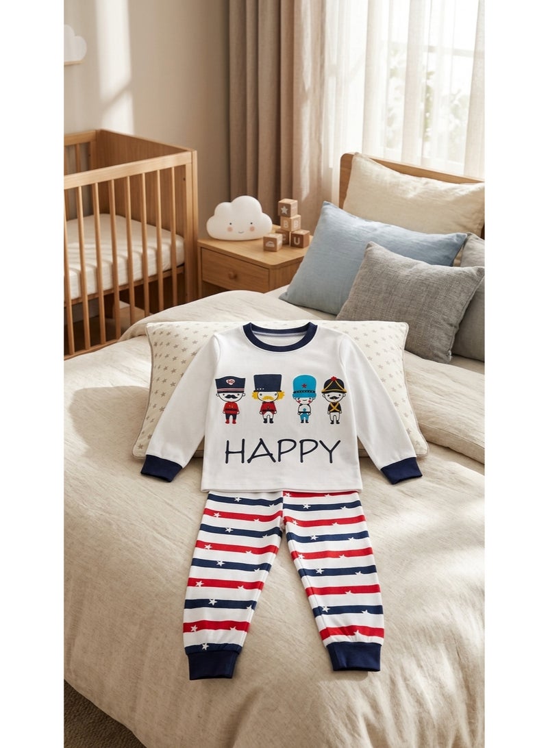 Boys Two-Piece Cotton Pajama Set, 12–18 Months, White Top with Happy Print, Long Sleeve Shirt & Red Navy Striped Pants, Soft Cotton Baby Sleepwear Outfit for Boys - Image 4