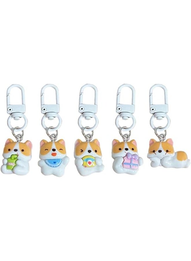Bukela 5 Pcs Puppy Keychains, Women Lovely Purse Charm Resin Corgi Dog Bag Charms Cute Auto Metal White Keyrings Teens Pop Anime Key Ring Kawaii Zipper Charm - Image 1