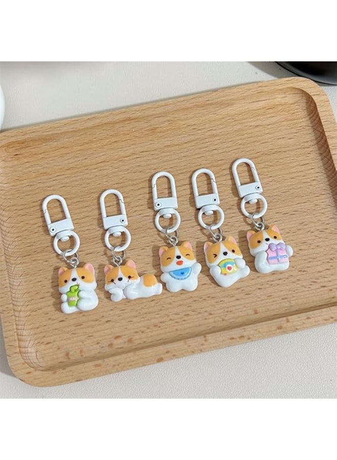 Bukela 5 Pcs Puppy Keychains, Women Lovely Purse Charm Resin Corgi Dog Bag Charms Cute Auto Metal White Keyrings Teens Pop Anime Key Ring Kawaii Zipper Charm - Image 4