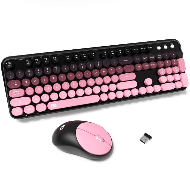 FD Wireless Keyboard and Mouse Combo - 2.4G Full-Sized Cute Colorful Mouse and Keyboard with 104 Round Keys Retro Typewriter Keyboards for Laptop/Windows/PC - Pink Gradient - Image 1