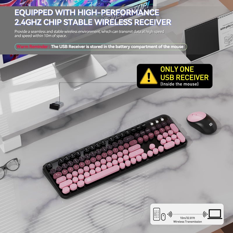 FD Wireless Keyboard and Mouse Combo - 2.4G Full-Sized Cute Colorful Mouse and Keyboard with 104 Round Keys Retro Typewriter Keyboards for Laptop/Windows/PC - Pink Gradient - Image 3