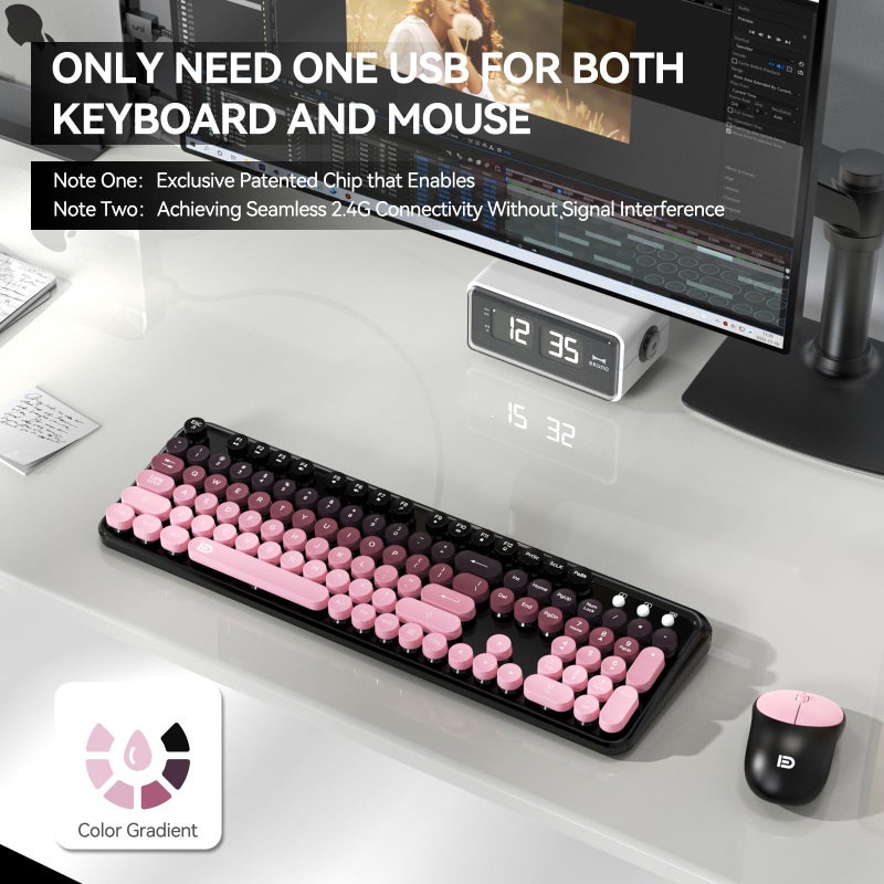 FD Wireless Keyboard and Mouse Combo - 2.4G Full-Sized Cute Colorful Mouse and Keyboard with 104 Round Keys Retro Typewriter Keyboards for Laptop/Windows/PC - Pink Gradient - Image 2