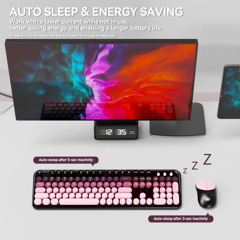 FD Wireless Keyboard and Mouse Combo - 2.4G Full-Sized Cute Colorful Mouse and Keyboard with 104 Round Keys Retro Typewriter Keyboards for Laptop/Windows/PC - Pink Gradient - Image 4