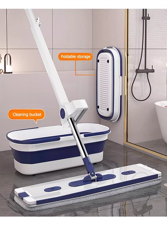 JOYBOS ممسحة أرضيات مسطحة من الألياف الدقيقة، نظام تنظيف الأرضيات الخشبية الصلبة، رطب وجاف، مع دلو ممسحة واحد و2 وسادة قابلة للغسل، منظف للبلاط الرقائقي، مقبض من الفولاذ المقاوم للصدأ وملحق (أزرق) - Image 2