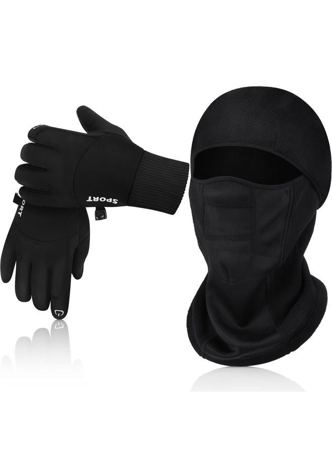 JaGely Winter Balaclava Gloves Set Cold Weather Ski Face Cover Gloves Winter Windproof Warm Full Face Cover and Touchscreen Waterproof Freezer Work Gloves for Men Women (Black,Large) - Image 1