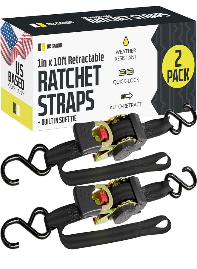 DC Cargo Mall Auto Retractable Ratchets Straps Heavy Duty (w Soft tie)- 2 Pack 1" x 10' - SELF-CONTAINED Strap Tiedowns for Motorcycles, ATVs, Bikes, Boats: Tight & Secure Pickup Trailer Tie Down - Image 1