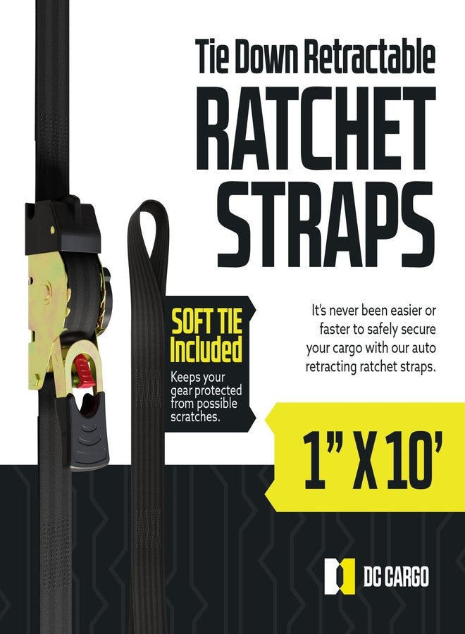 DC Cargo Mall Auto Retractable Ratchets Straps Heavy Duty (w Soft tie)- 2 Pack 1" x 10' - SELF-CONTAINED Strap Tiedowns for Motorcycles, ATVs, Bikes, Boats: Tight & Secure Pickup Trailer Tie Down - Image 2