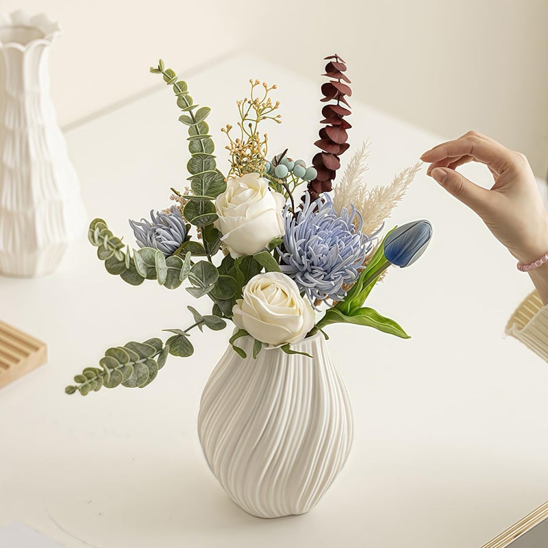 PhiDor Modern White Ceramic Vase,Nordic Boho Geometric Striped Round Decorative Vase for Living Room,Shelf, Wedding&Dining Table Centerpiece, Farmhouse Home Decor, Office Decoration, Decorative Pottery - Image 1