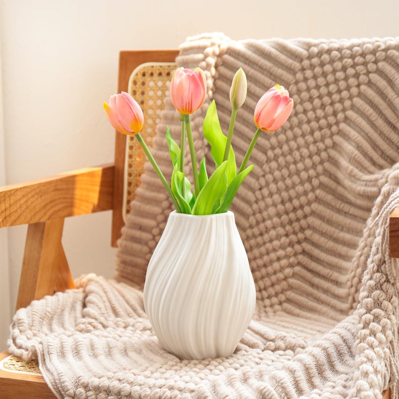 PhiDor Modern White Ceramic Vase,Nordic Boho Geometric Striped Round Decorative Vase for Living Room,Shelf, Wedding&Dining Table Centerpiece, Farmhouse Home Decor, Office Decoration, Decorative Pottery - Image 3