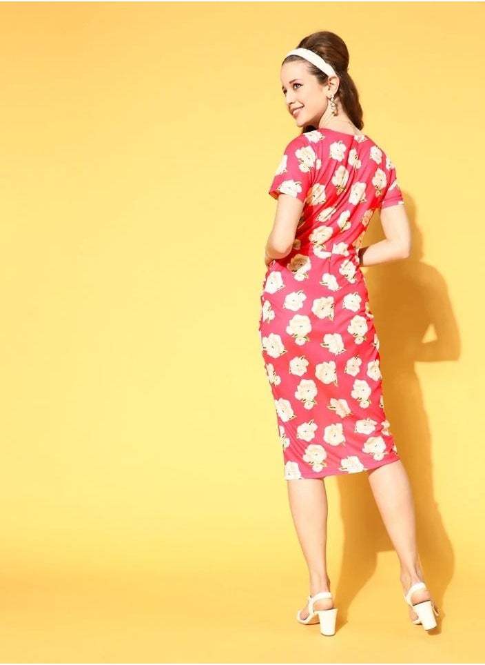 SASSAFRAS - Women Fuchsia Floral Side Ruched Dress - Image 1