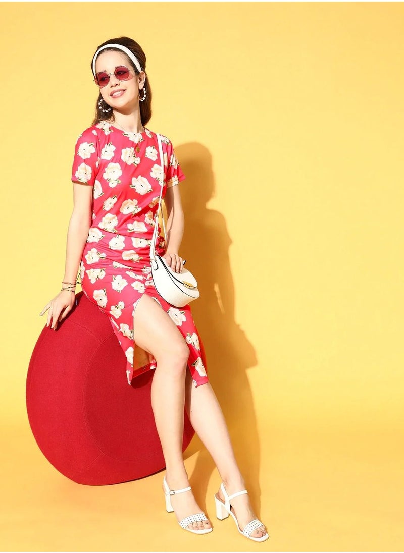 SASSAFRAS - Women Fuchsia Floral Side Ruched Dress - Image 1