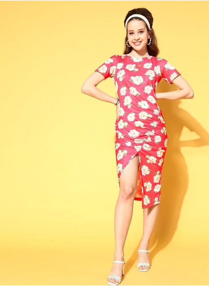 SASSAFRAS - Women Fuchsia Floral Side Ruched Dress - Image 1
