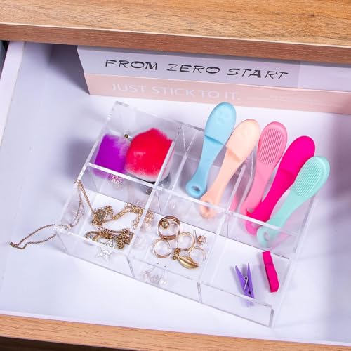 FANASSYY Clear Acrylic Bathroom & Vanity Drawer Organizer – 6-Compartment Makeup Brush Holder, Stationery Storage for Desk, Pen & Pencil Holder | Compact Storage Bin - Image 5