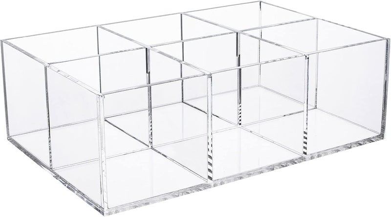 FANASSYY Clear Acrylic Bathroom & Vanity Drawer Organizer – 6-Compartment Makeup Brush Holder, Stationery Storage for Desk, Pen & Pencil Holder | Compact Storage Bin - Image 1
