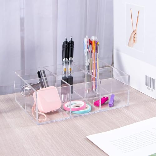 FANASSYY Clear Acrylic Bathroom & Vanity Drawer Organizer – 6-Compartment Makeup Brush Holder, Stationery Storage for Desk, Pen & Pencil Holder | Compact Storage Bin - Image 4