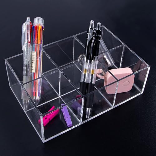 FANASSYY Clear Acrylic Bathroom & Vanity Drawer Organizer – 6-Compartment Makeup Brush Holder, Stationery Storage for Desk, Pen & Pencil Holder | Compact Storage Bin - Image 3