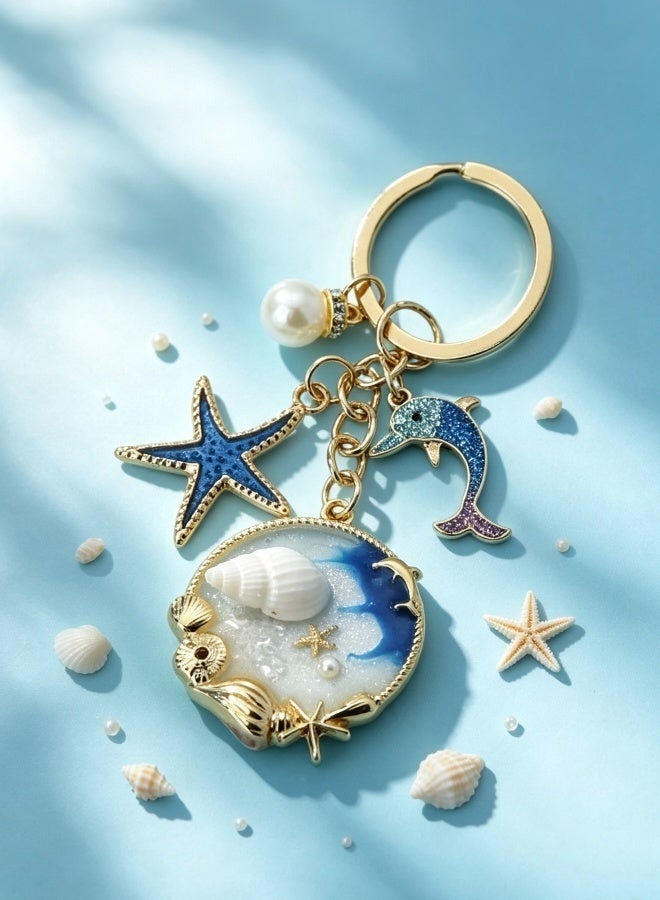 Nautical Ocean Themed Keychain Glitter Dolphin Starfish Seashell Pearl Charms Gold Metal Ring Bag Pendant Gift for Women Girls - Image 2
