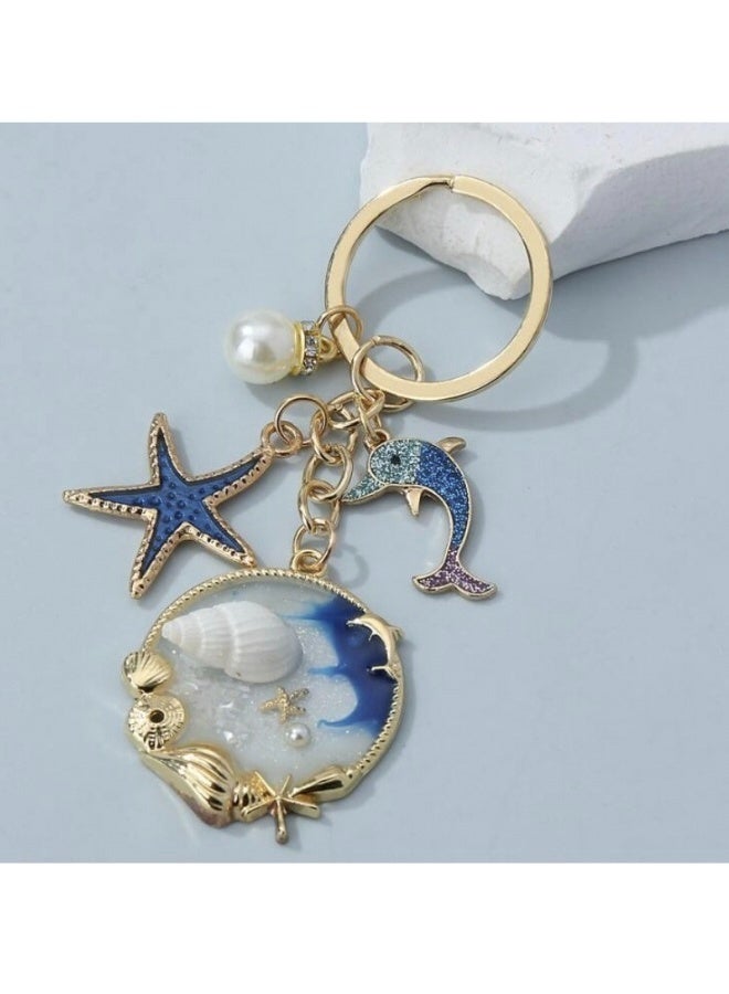 Nautical Ocean Themed Keychain Glitter Dolphin Starfish Seashell Pearl Charms Gold Metal Ring Bag Pendant Gift for Women Girls - Image 5