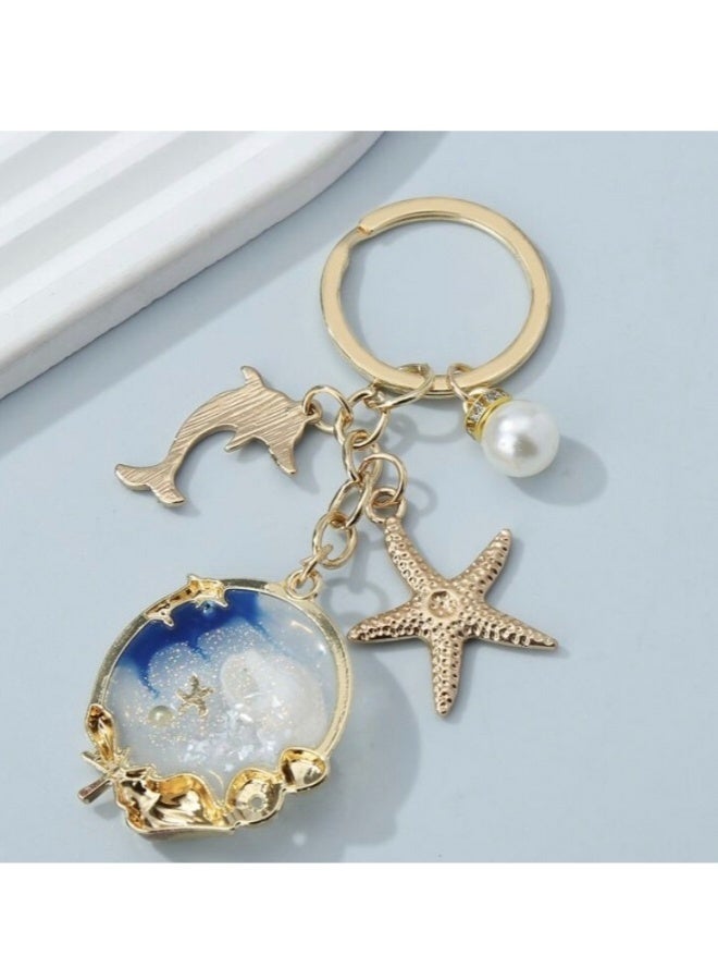 Nautical Ocean Themed Keychain Glitter Dolphin Starfish Seashell Pearl Charms Gold Metal Ring Bag Pendant Gift for Women Girls - Image 3