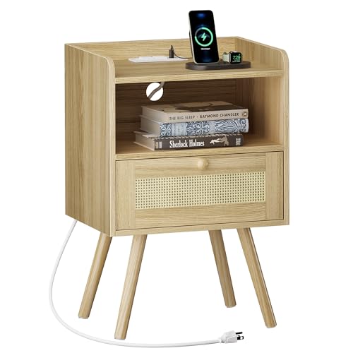 SUPERJARE Nightstand with Charging Station  RattanLike Decor Drawer Rattan End Table with Solid Wood Feet Bed Side Table with Open Storage for Bedroom Living Room Dormitory  Natural