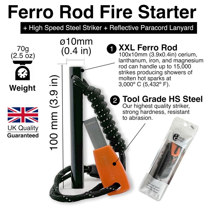aZengear Camping Flint and Steel Fire Starter, 0.4x4in XXL Ferro Rod, HSS Striker, Paracord, Waterproof Outdoor Survival Kit - Image 2